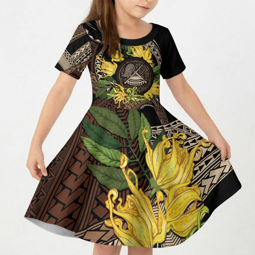 Samoa Moso'oi Flowers Tatau Kid Short Sleeve Dress Festive Tapa Brown LT7 KID Brown - Polynesian Pride