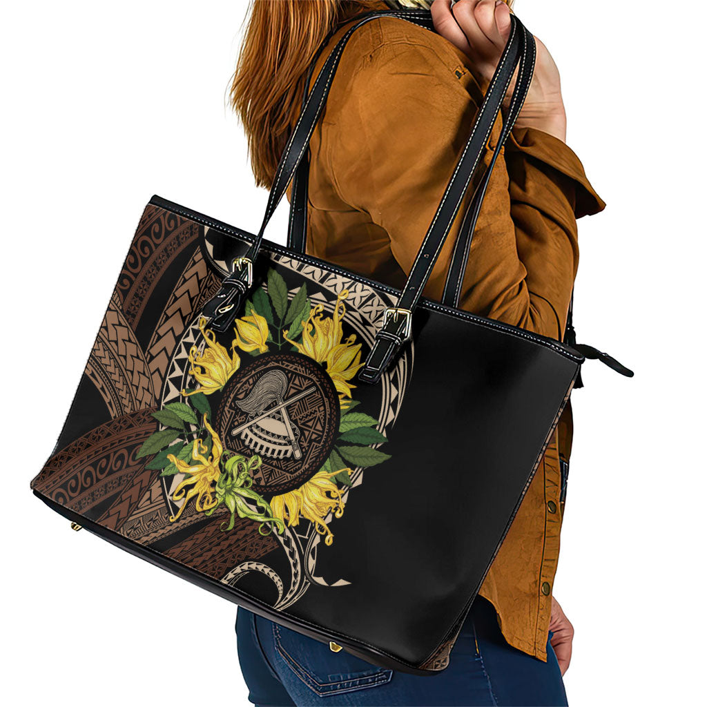 Samoa Moso'oi Flowers Tatau Leather Tote Bag Festive Tapa Brown LT7 - Polynesian Pride