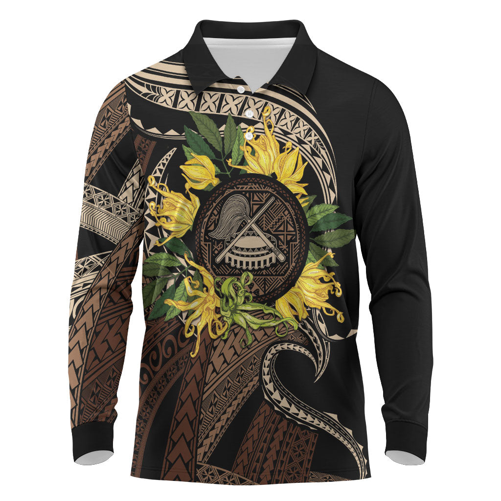 Samoa Moso'oi Flowers Tatau Long Sleeve Polo Shirt Festive Tapa Brown LT7 Brown - Polynesian Pride