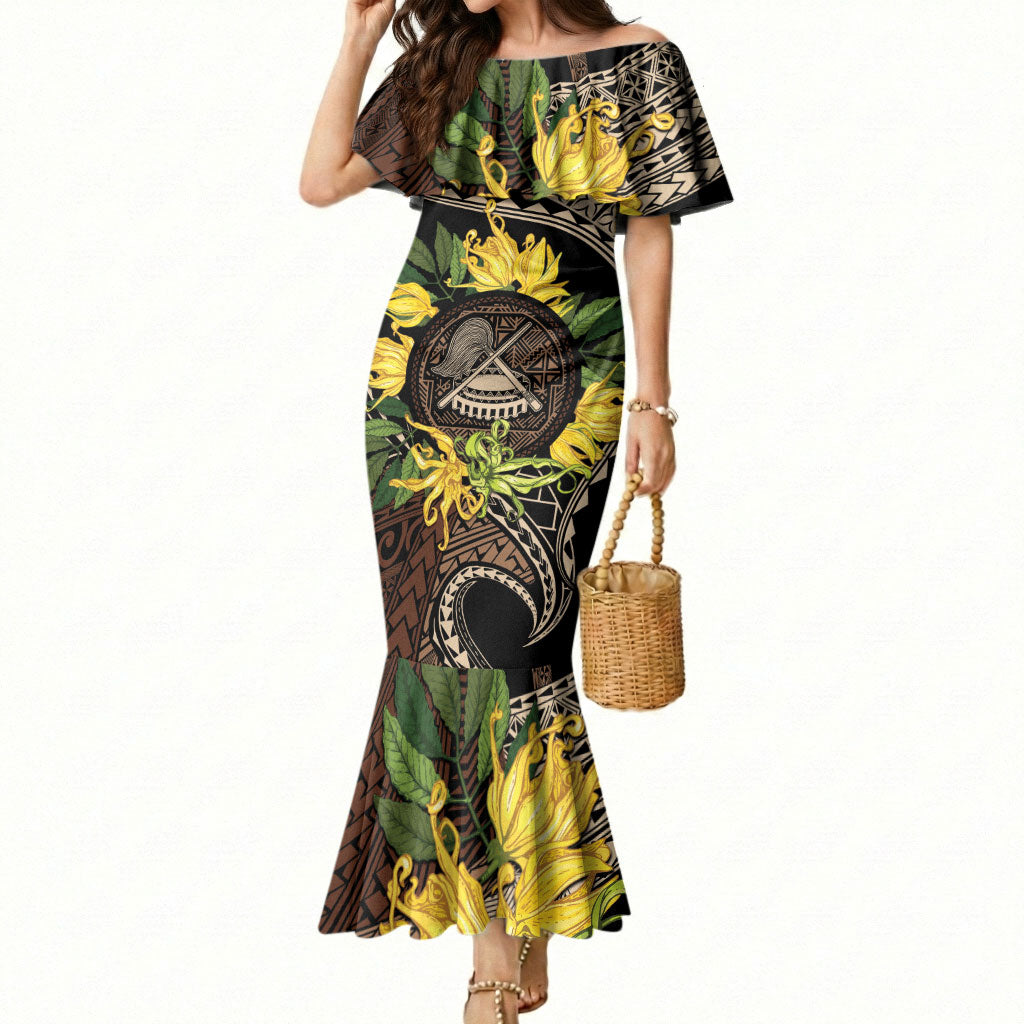 Samoa Moso'oi Flowers Tatau Mermaid Dress Festive Tapa Brown LT7 Women Brown - Polynesian Pride