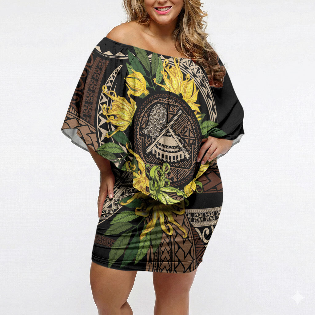 Samoa Moso'oi Flowers Tatau Off Shoulder Short Dress Festive Tapa Brown LT7 Women Brown - Polynesian Pride
