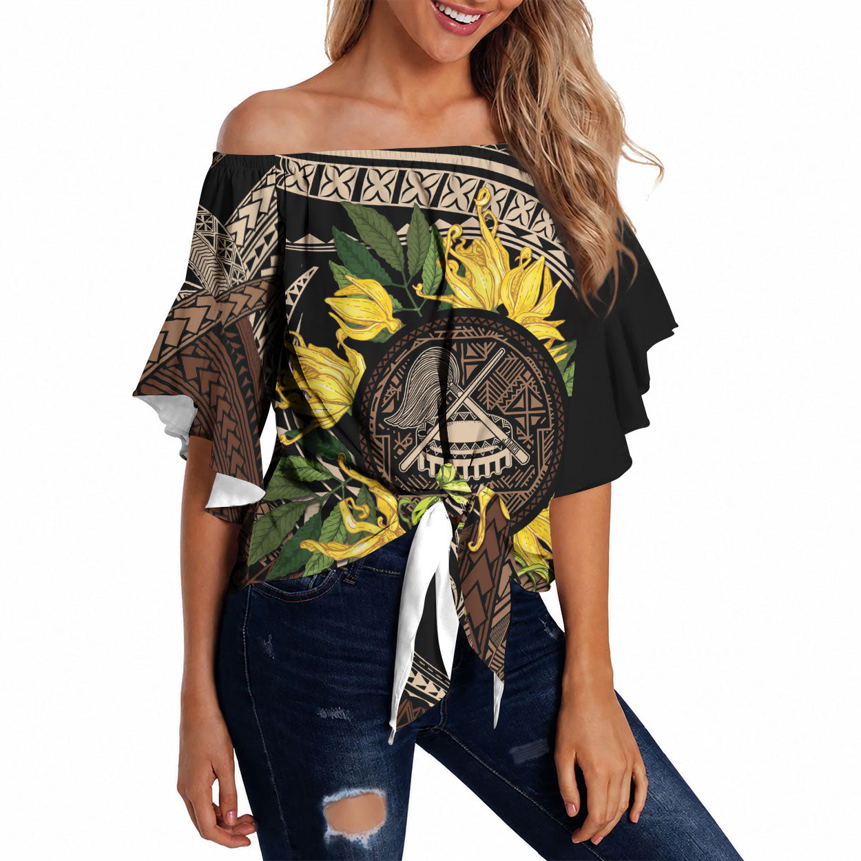Samoa Moso'oi Flowers Tatau Off Shoulder Wrap Waist Top Festive Tapa Brown LT7 Brown - Polynesian Pride