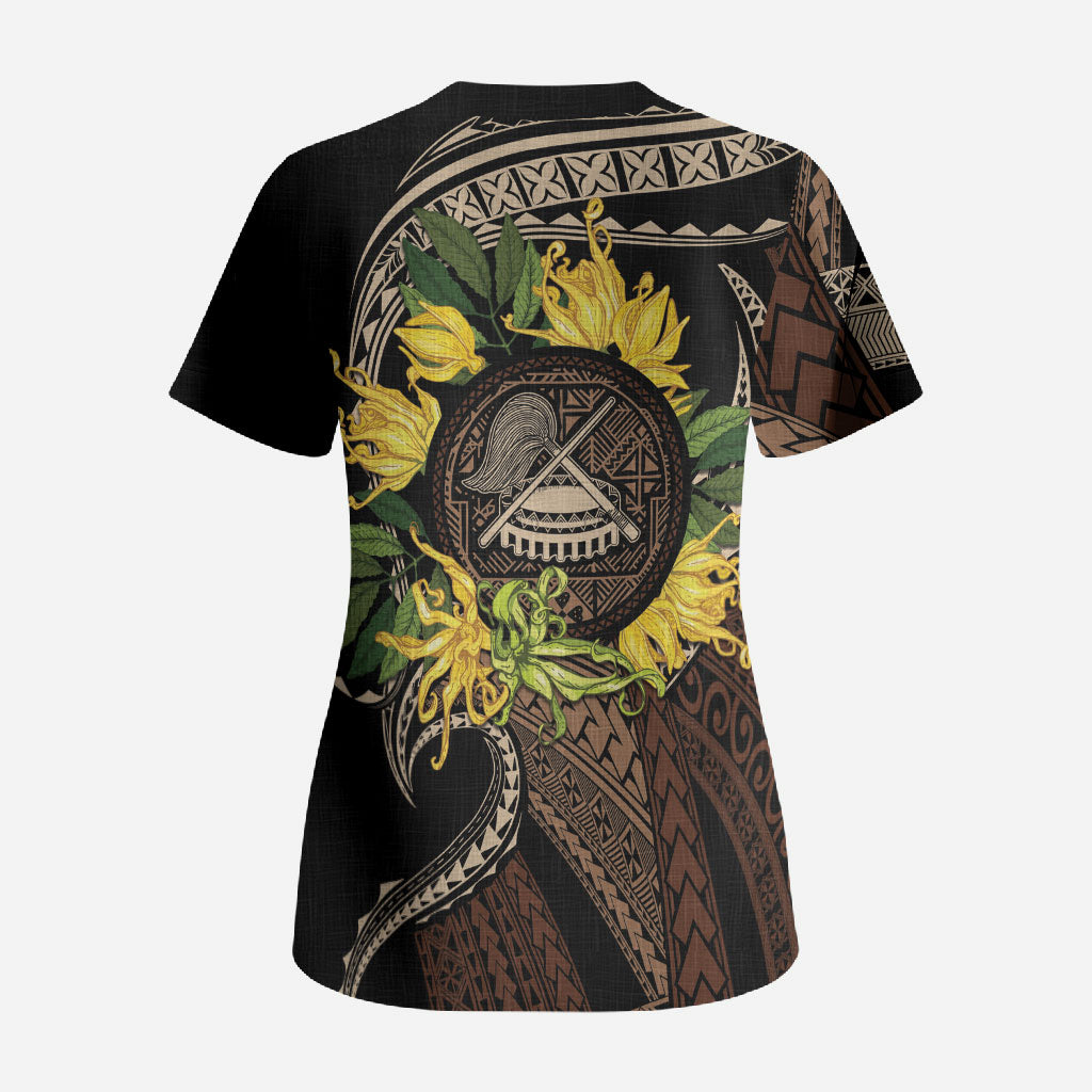 Samoa Moso'oi Flowers Tatau Scrub Top Festive Tapa Brown LT7 - Polynesian Pride