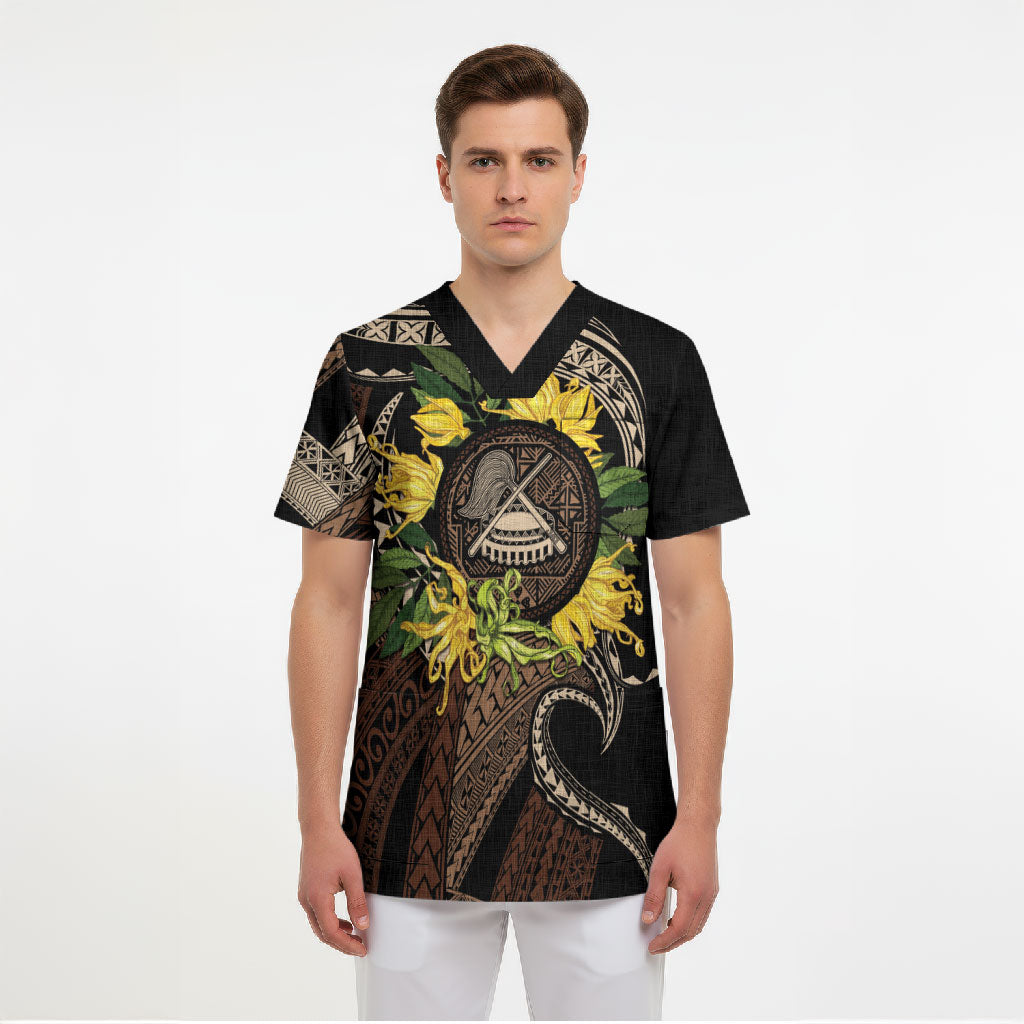 Samoa Moso'oi Flowers Tatau Scrub Top Festive Tapa Brown LT7 - Polynesian Pride