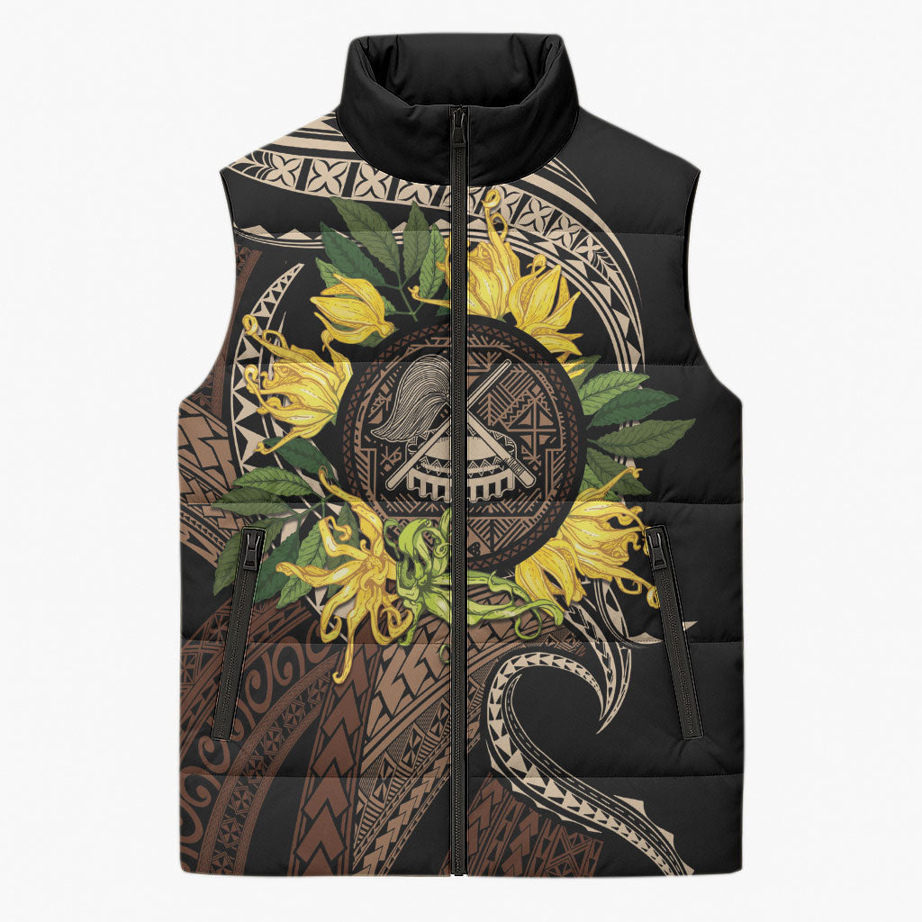 Samoa Moso'oi Flowers Tatau Sleeveless Puffer Jacket Festive Tapa Brown LT7 Unisex Brown - Polynesian Pride