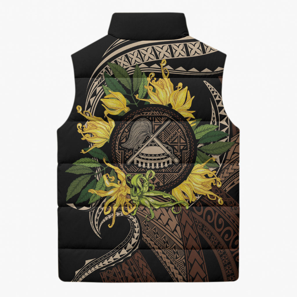 Samoa Moso'oi Flowers Tatau Sleeveless Puffer Jacket Festive Tapa Brown LT7 - Polynesian Pride