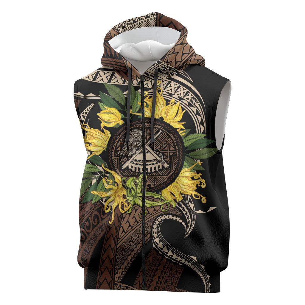 Samoa Moso'oi Flowers Tatau Sleeveless Zip Hoodie Festive Tapa Brown LT7 Brown - Polynesian Pride