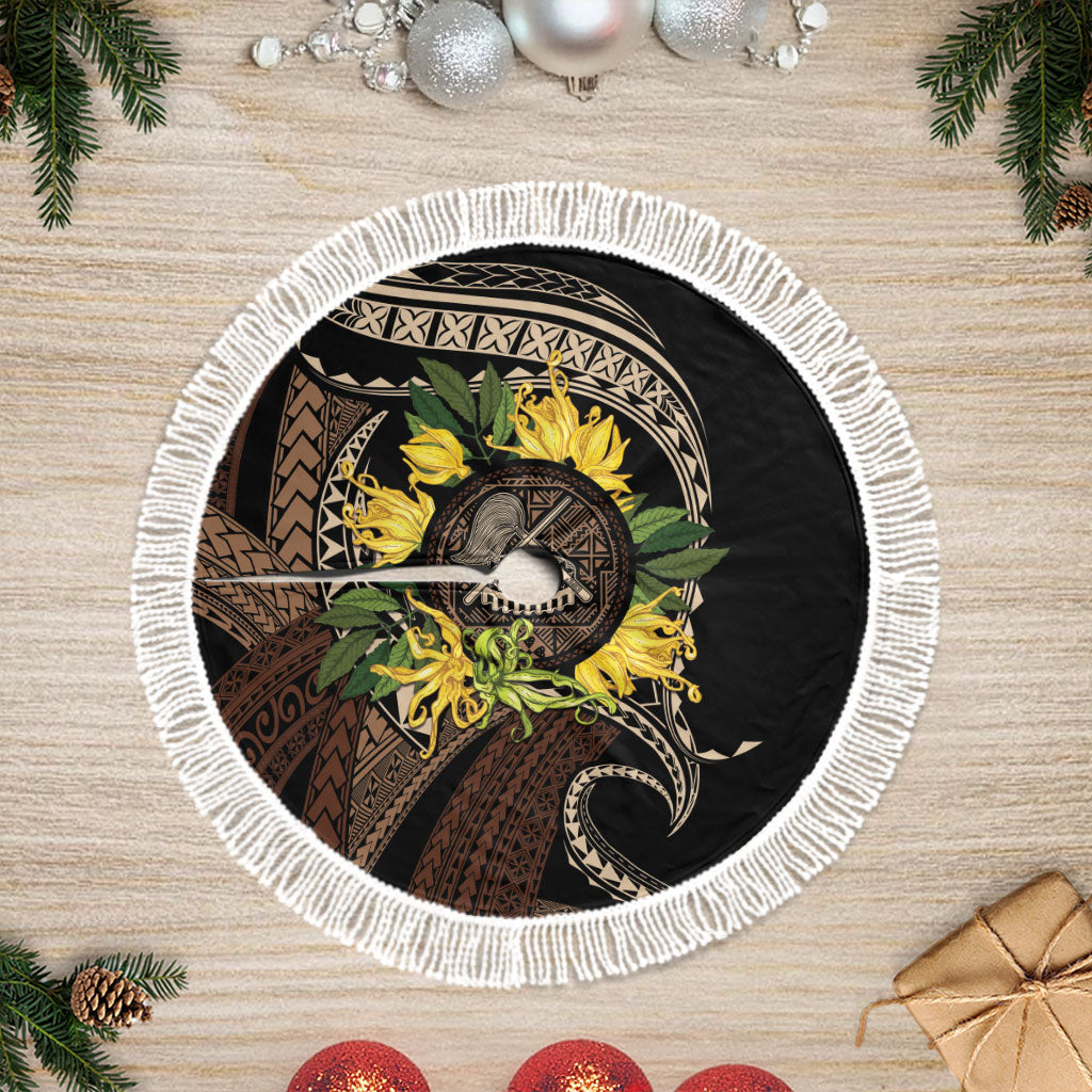 Samoa Moso'oi Flowers Tatau Tree Skirt Festive Tapa Brown LT7 Fringed Brown - Polynesian Pride