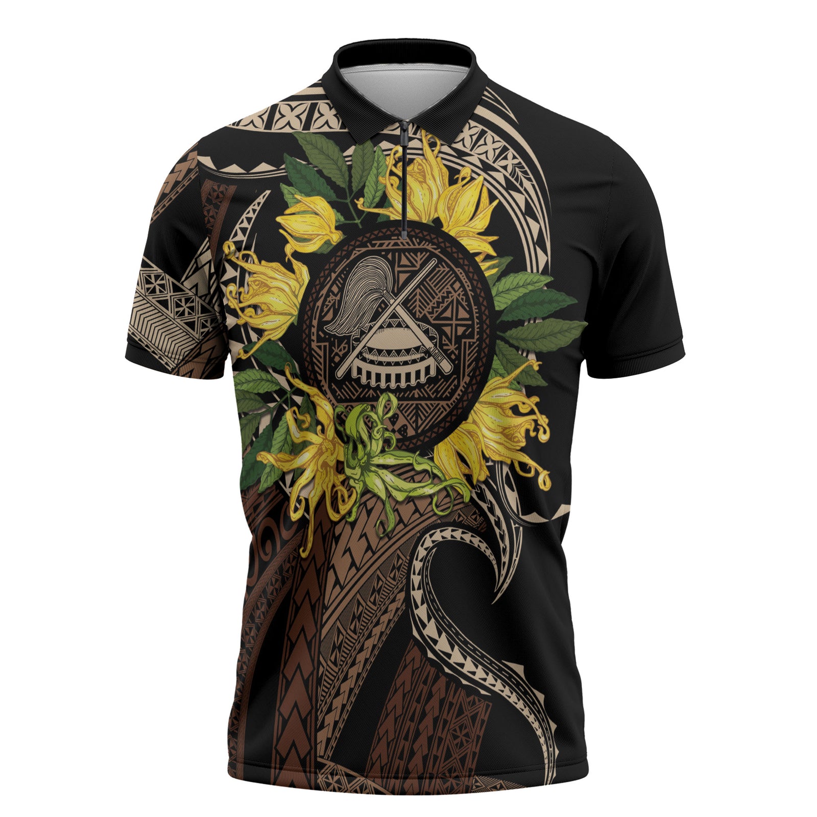 Samoa Moso'oi Flowers Tatau Zipper Polo Shirt Festive Tapa Brown LT7 Brown - Polynesian Pride
