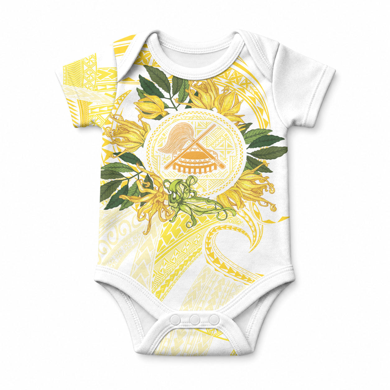 Samoa Moso'oi Flowers Tatau Baby Onesie Festive Golden White LT7 Gold - Polynesian Pride