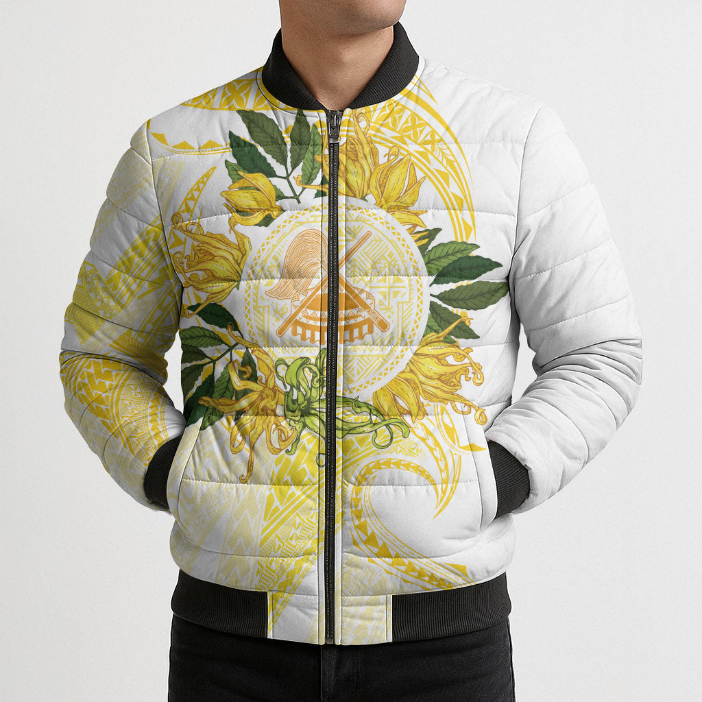 Samoa Moso'oi Flowers Tatau Bomber Puffer Jacket Festive Golden White LT7 - Polynesian Pride