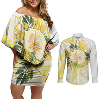 Samoa Moso'oi Flowers Tatau Couples Matching Off Shoulder Short Dress and Long Sleeve Button Shirt Festive Golden White LT7 Gold - Polynesian Pride