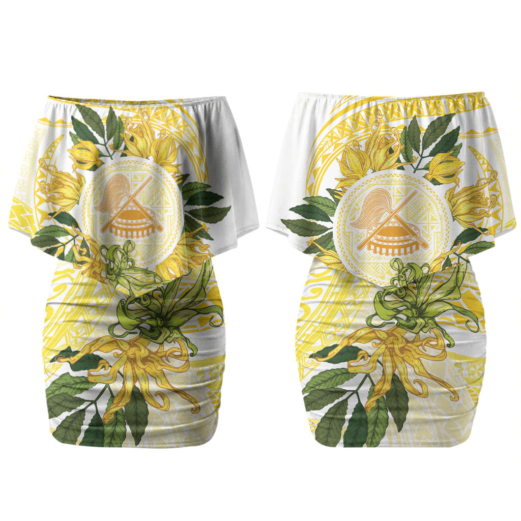 Samoa Moso'oi Flowers Tatau Couples Matching Off Shoulder Short Dress and Long Sleeve Button Shirt Festive Golden White LT7 - Polynesian Pride