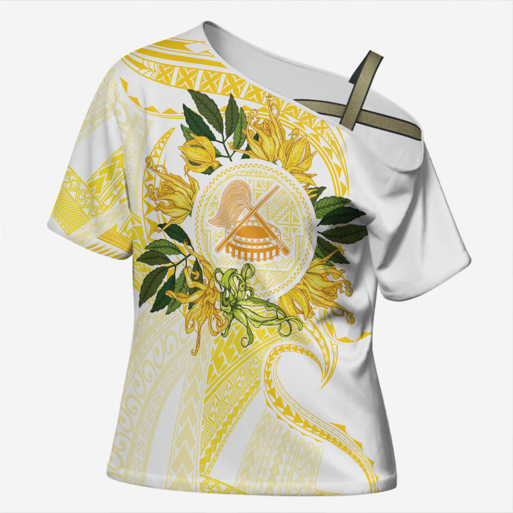 Samoa Moso'oi Flowers Tatau Cross Shoulder Shirt Festive Golden White LT7 Female Gold - Polynesian Pride