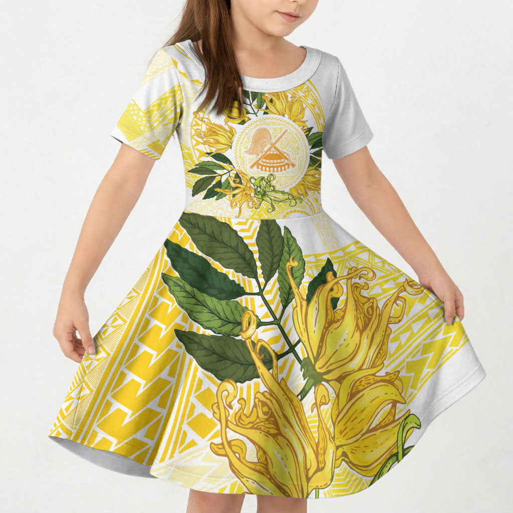 Samoa Moso'oi Flowers Tatau Kid Short Sleeve Dress Festive Golden White LT7 KID Gold - Polynesian Pride