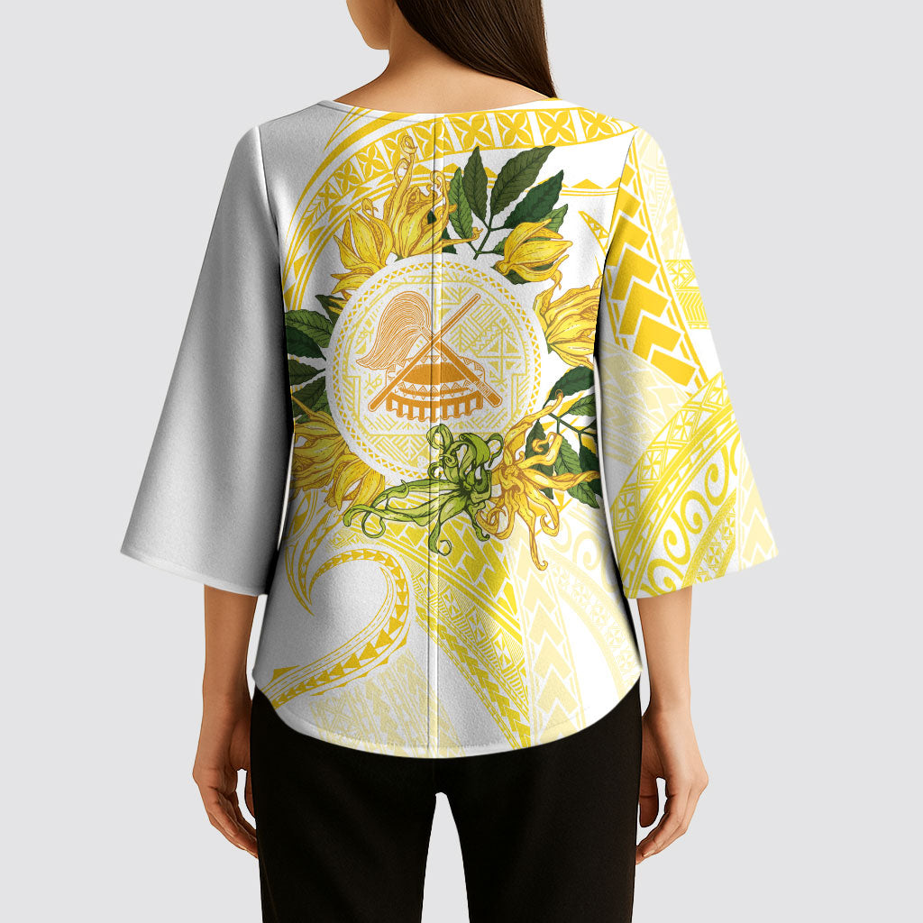 Samoa Moso'oi Flowers Tatau Kimono Sleeve Blouse Festive Golden White LT7 - Polynesian Pride