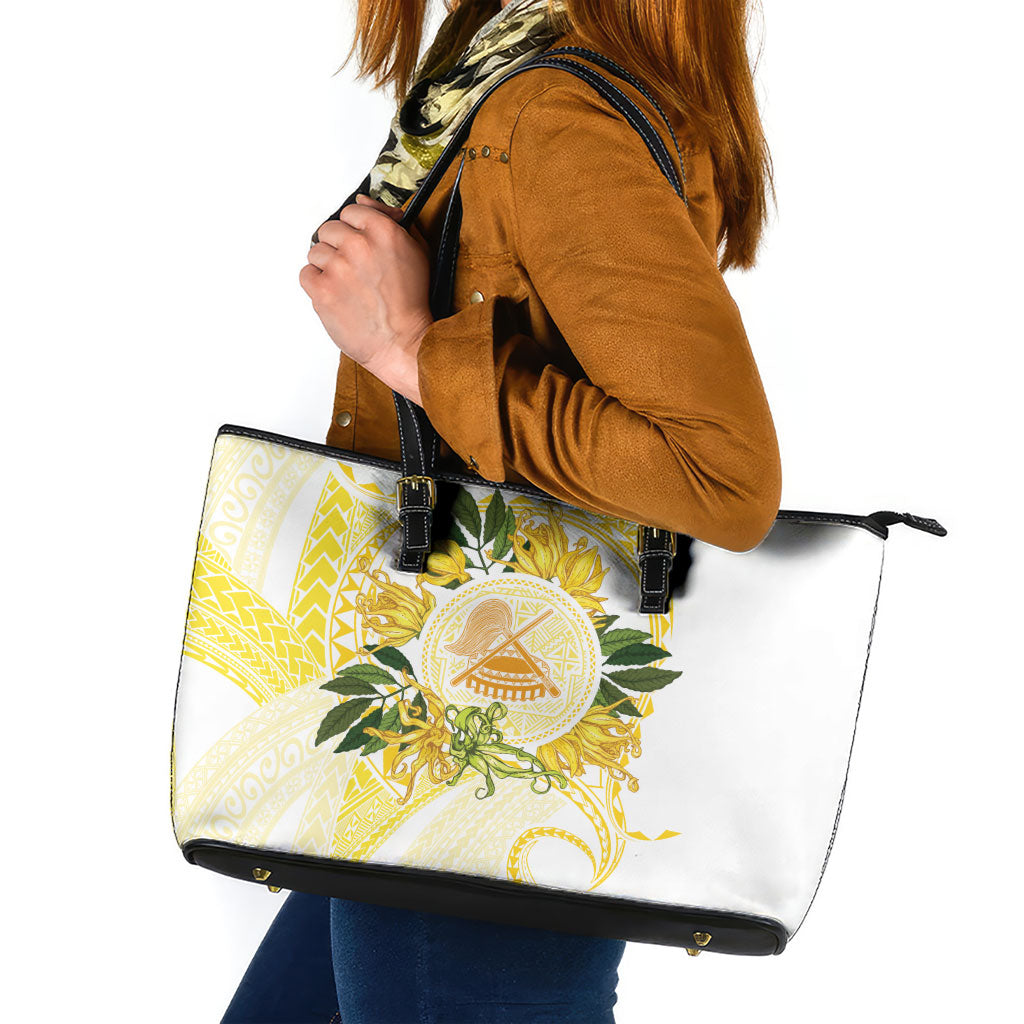 Samoa Moso'oi Flowers Tatau Leather Tote Bag Festive Golden White LT7 Gold - Polynesian Pride