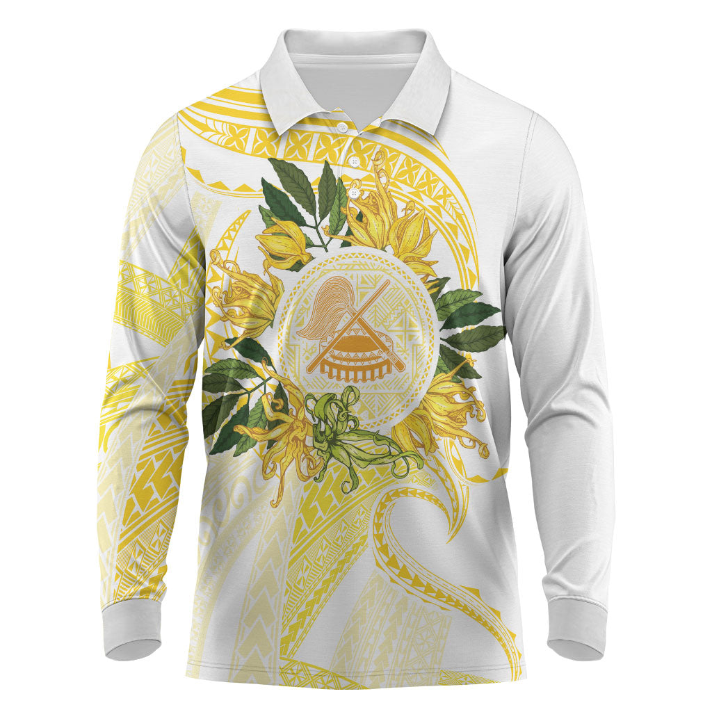 Samoa Moso'oi Flowers Tatau Long Sleeve Polo Shirt Festive Golden White LT7 Gold - Polynesian Pride