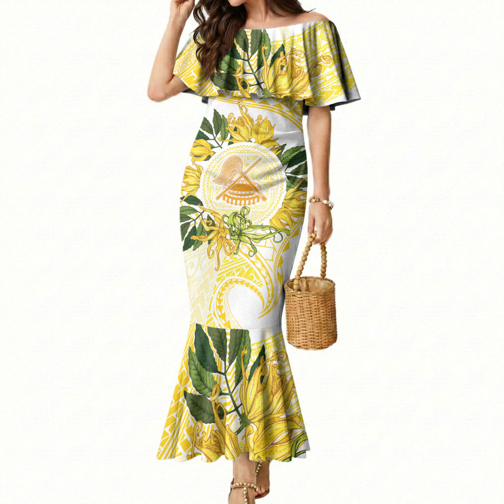 Samoa Moso'oi Flowers Tatau Mermaid Dress Festive Golden White LT7 Women Gold - Polynesian Pride