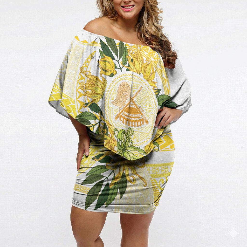 Samoa Moso'oi Flowers Tatau Off Shoulder Short Dress Festive Golden White LT7 Women Gold - Polynesian Pride