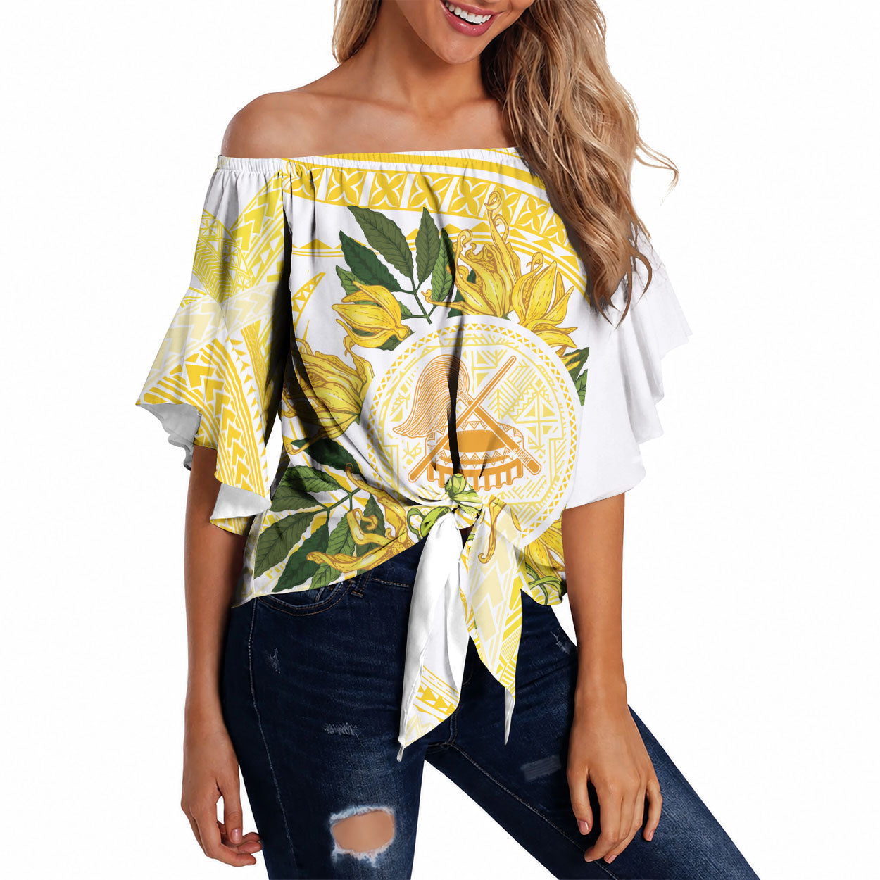 Samoa Moso'oi Flowers Tatau Off Shoulder Wrap Waist Top Festive Golden White LT7 Gold - Polynesian Pride