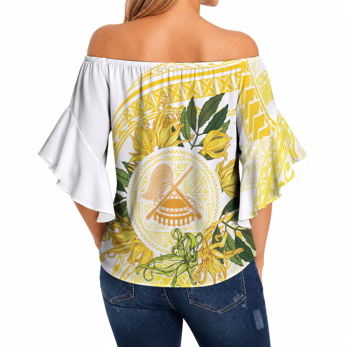 Samoa Moso'oi Flowers Tatau Off Shoulder Wrap Waist Top Festive Golden White LT7 - Polynesian Pride
