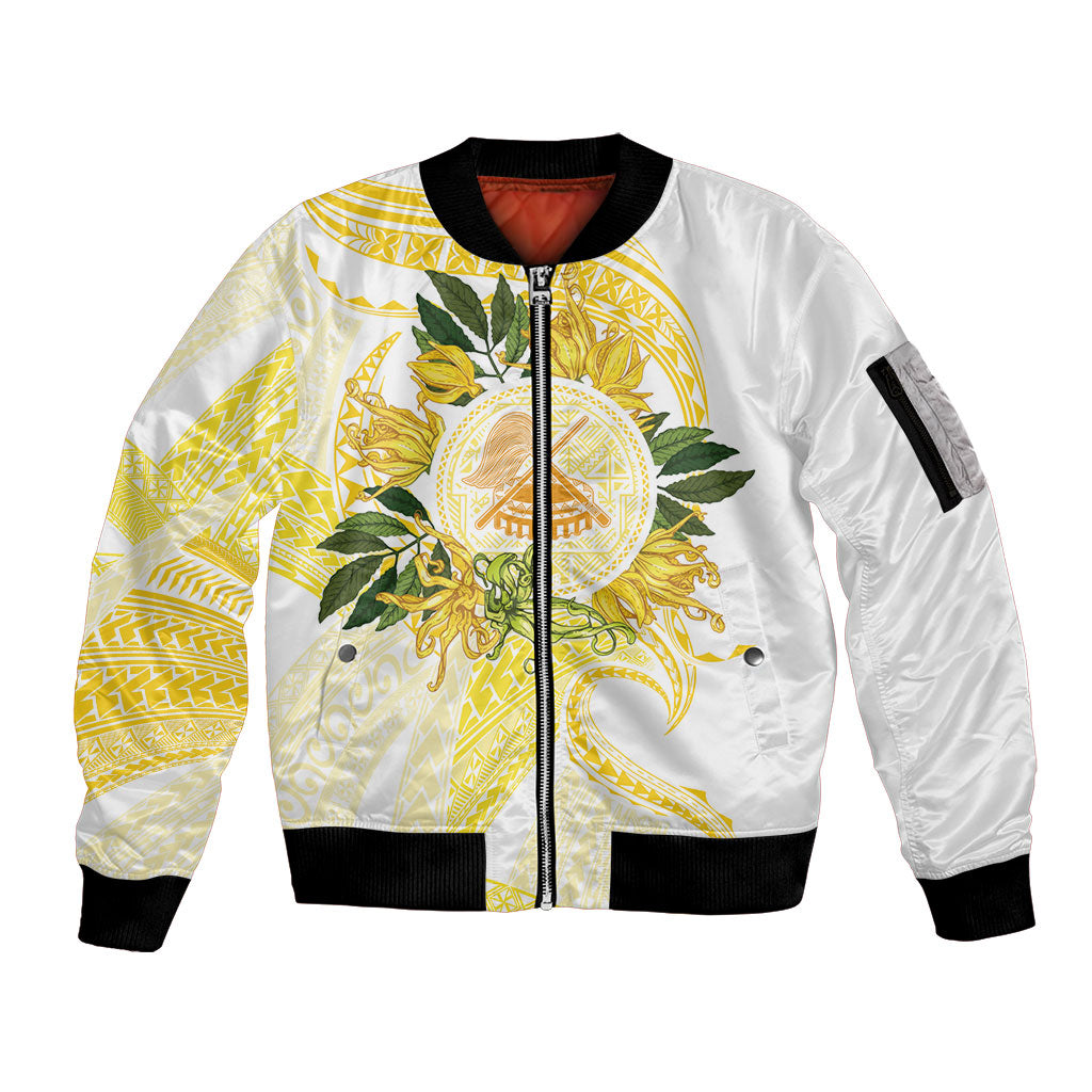 Samoa Moso'oi Flowers Tatau Sleeve Zip Bomber Jacket Festive Golden White LT7 Unisex Gold - Polynesian Pride
