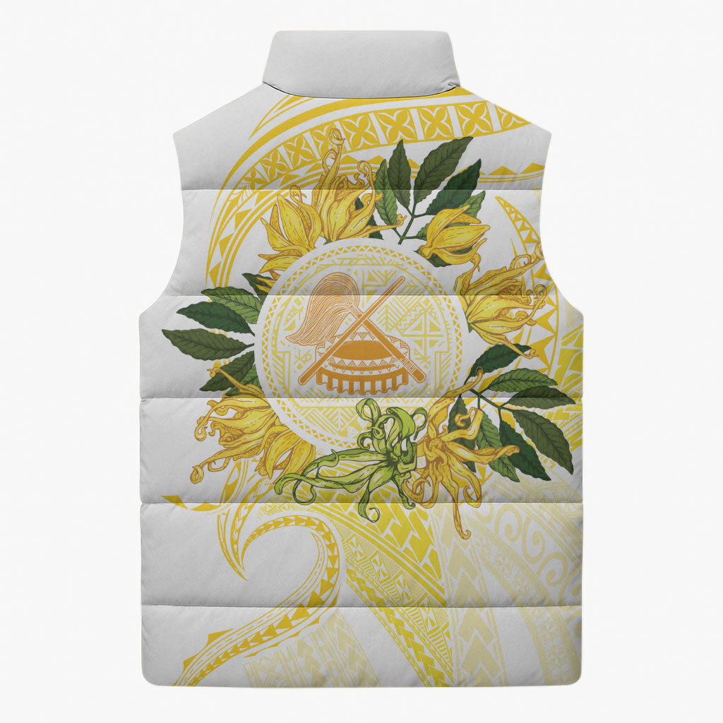 Samoa Moso'oi Flowers Tatau Sleeveless Puffer Jacket Festive Golden White LT7 - Polynesian Pride