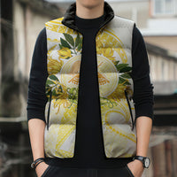 Samoa Moso'oi Flowers Tatau Sleeveless Puffer Jacket Festive Golden White LT7 - Polynesian Pride