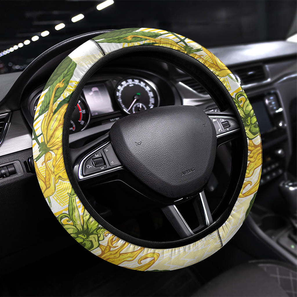 Samoa Moso'oi Flowers Tatau Steering Wheel Cover Festive Golden White LT7 Universal Fit Gold - Polynesian Pride