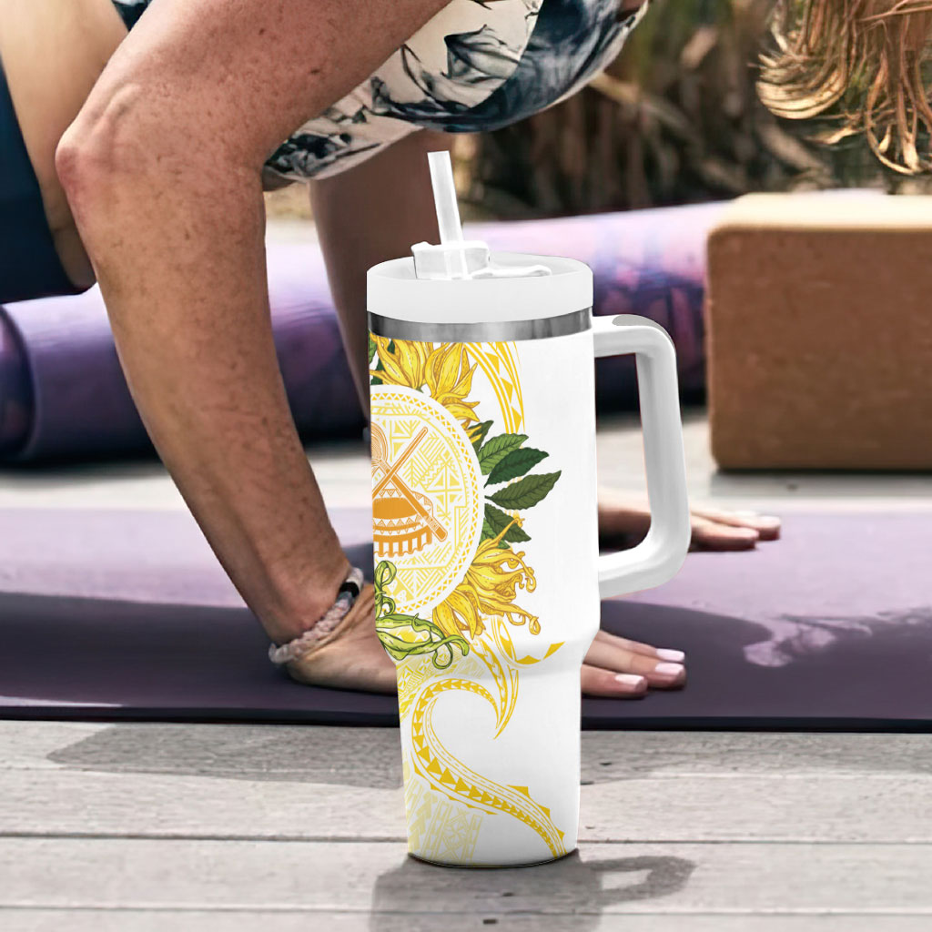 Samoa Moso'oi Flowers Tatau Tumbler With Handle Festive Golden White LT7 - Polynesian Pride