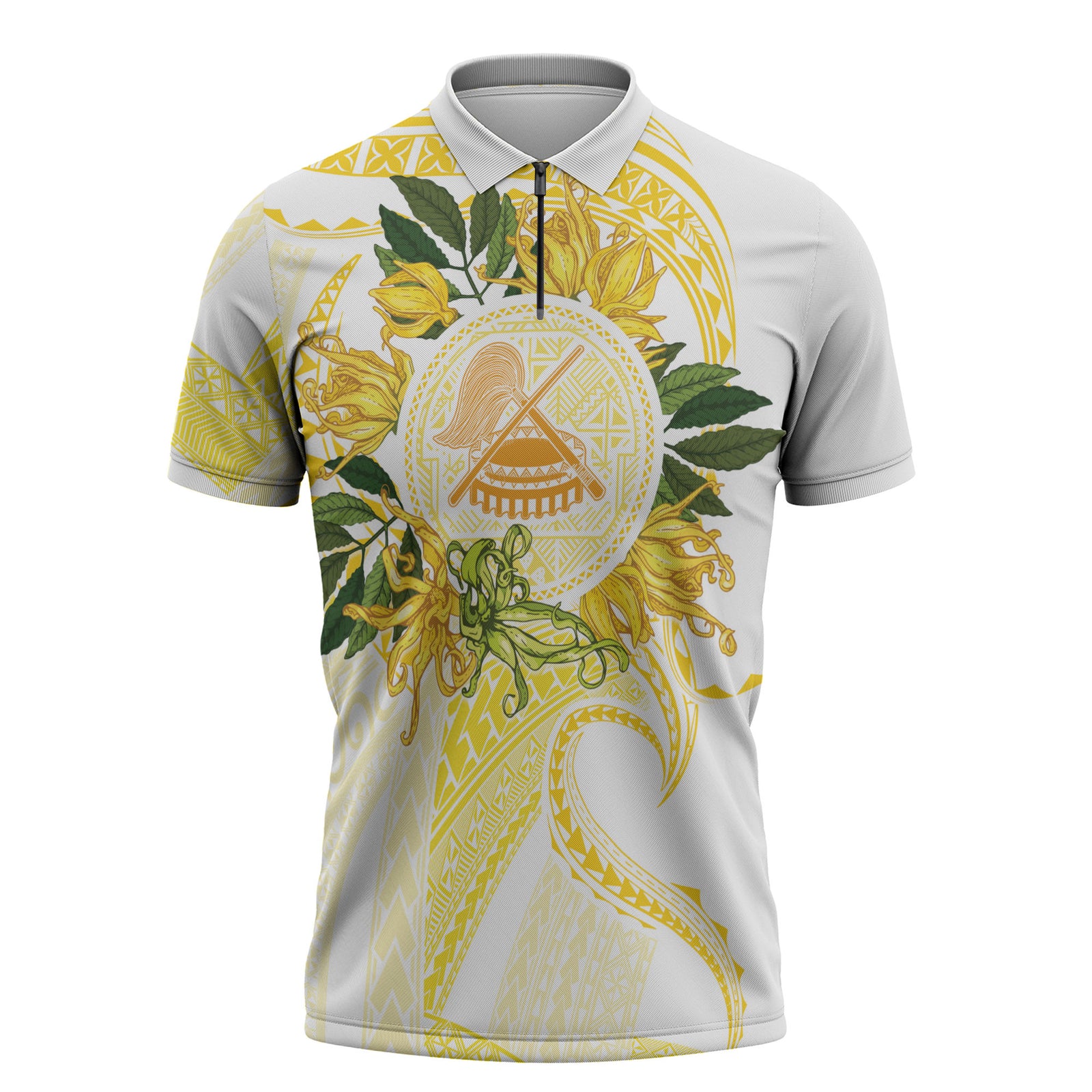 Samoa Moso'oi Flowers Tatau Zipper Polo Shirt Festive Golden White LT7 Gold - Polynesian Pride