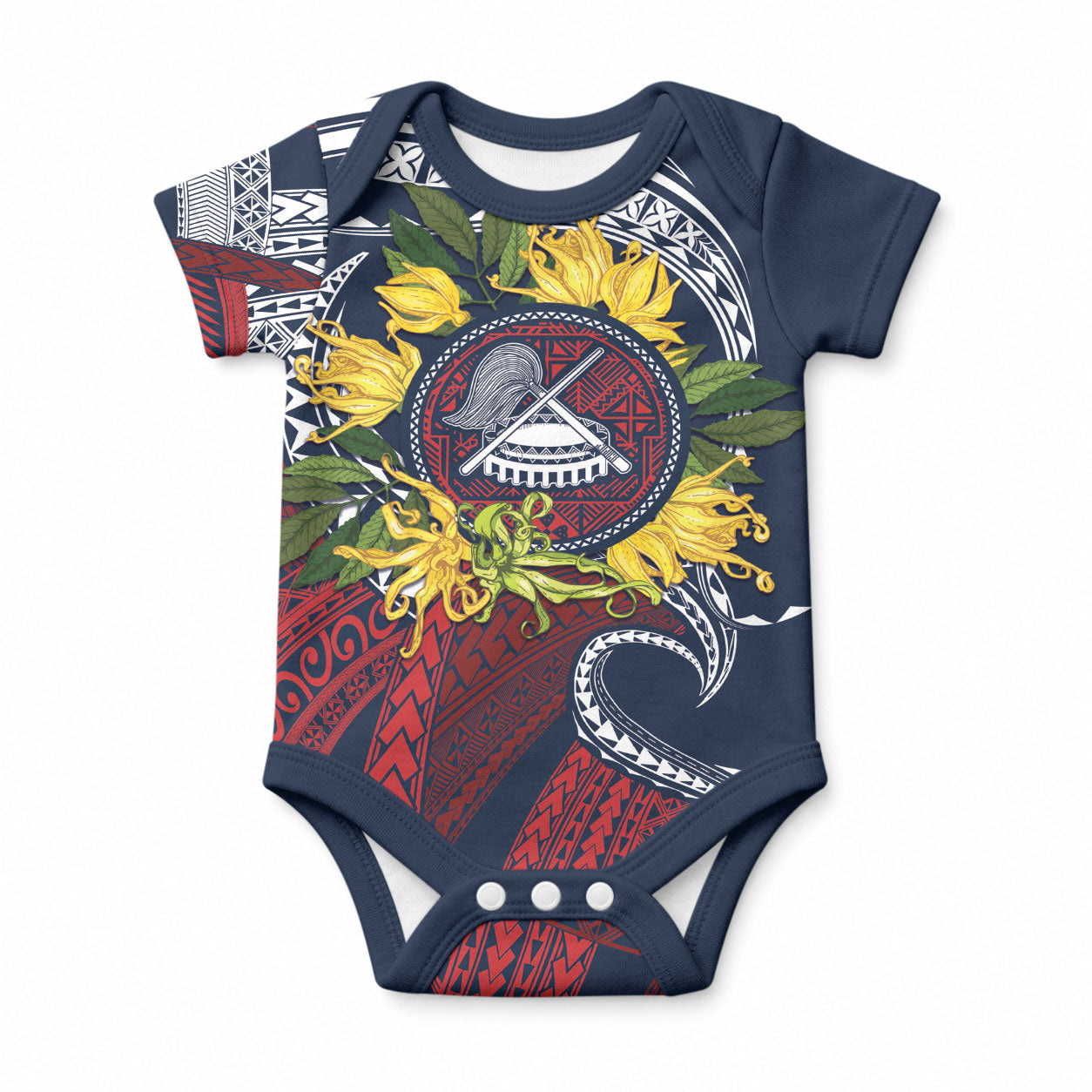 Samoa Moso'oi Flowers Tatau Baby Onesie Festive National Color LT7 Blue Red - Polynesian Pride