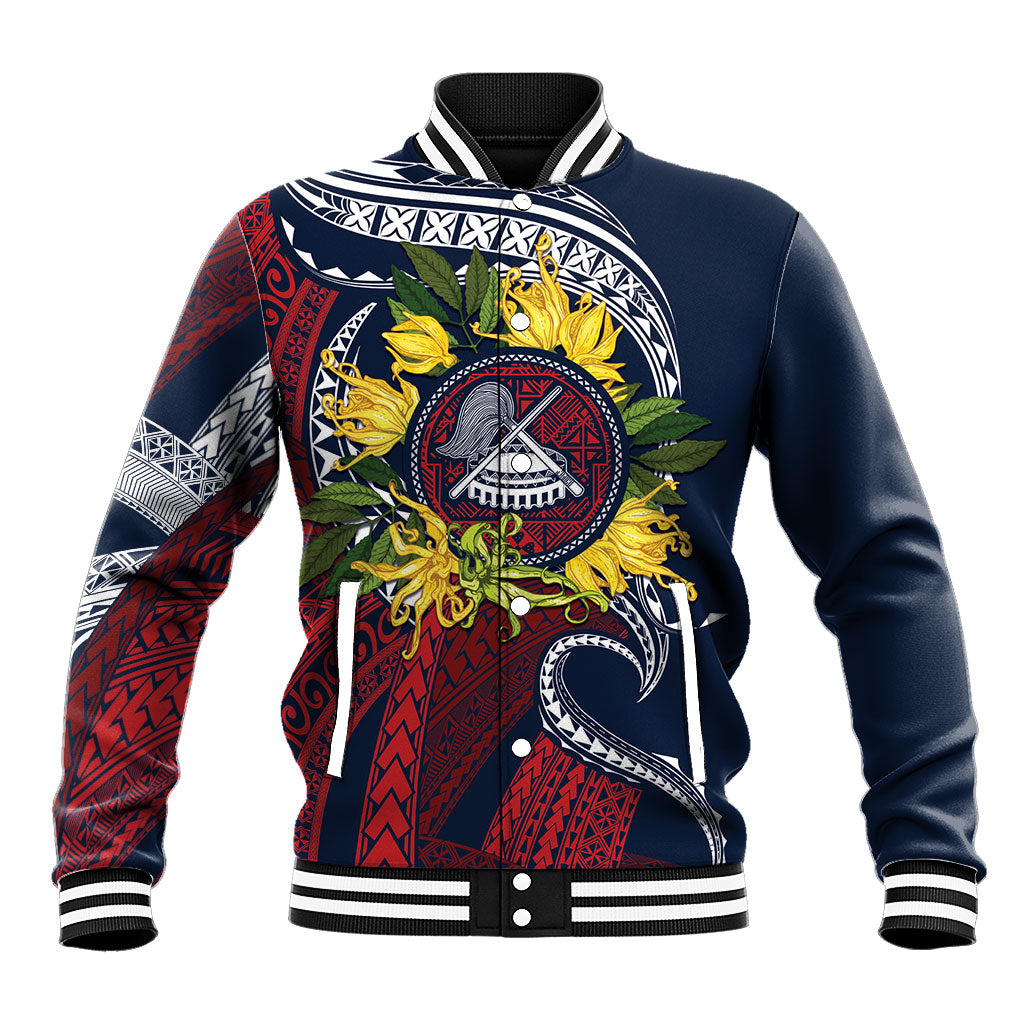 Samoa Moso'oi Flowers Tatau Baseball Jacket Festive National Color LT7 Unisex Blue Red - Polynesian Pride