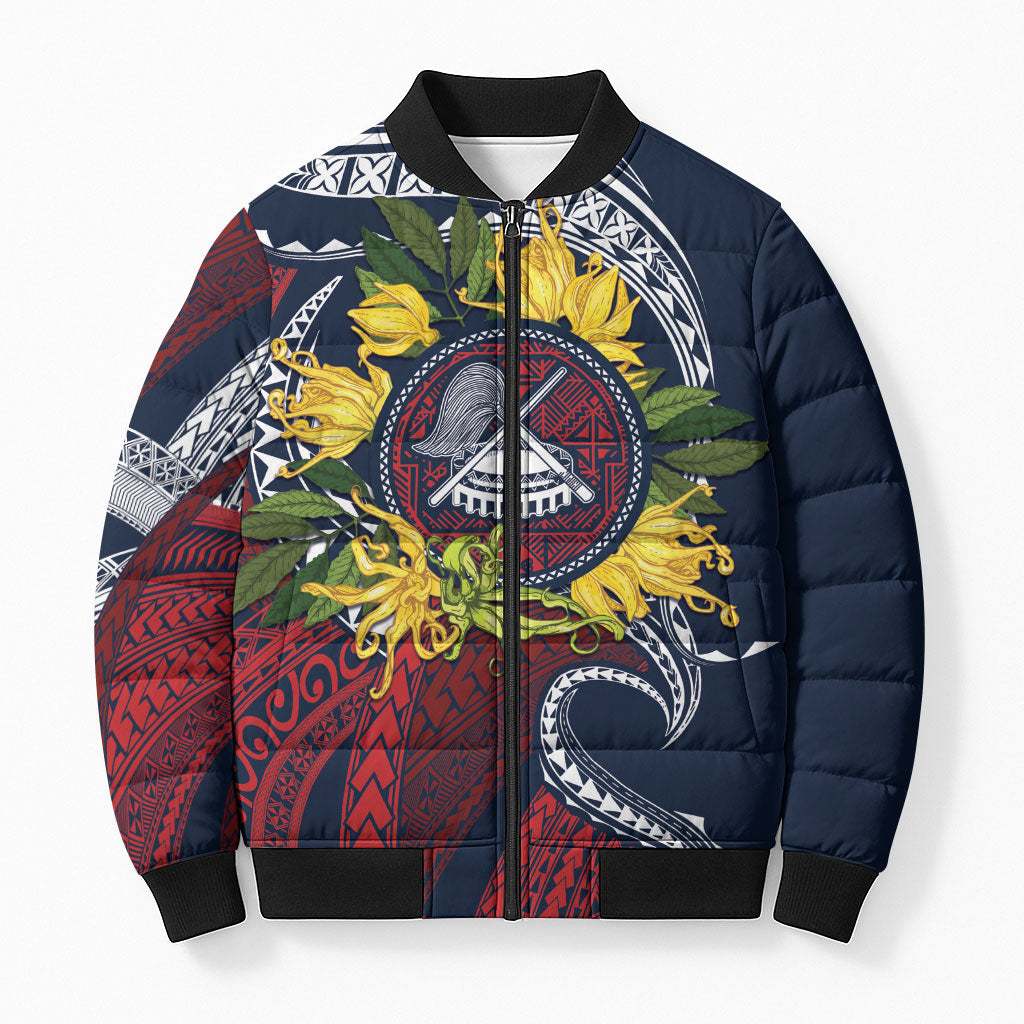 Samoa Moso'oi Flowers Tatau Bomber Puffer Jacket Festive National Color LT7 Unisex Blue Red - Polynesian Pride