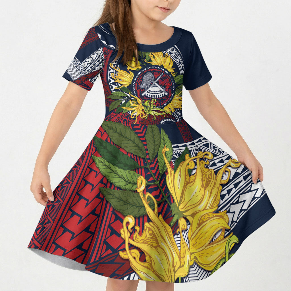 Samoa Moso'oi Flowers Tatau Kid Short Sleeve Dress Festive National Color LT7 KID Blue Red - Polynesian Pride