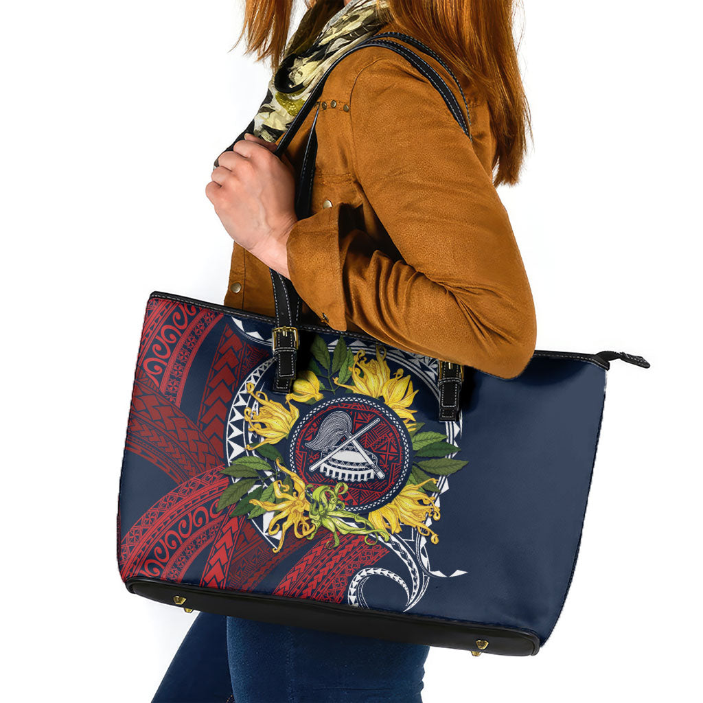 Samoa Moso'oi Flowers Tatau Leather Tote Bag Festive National Color LT7 Blue Red - Polynesian Pride