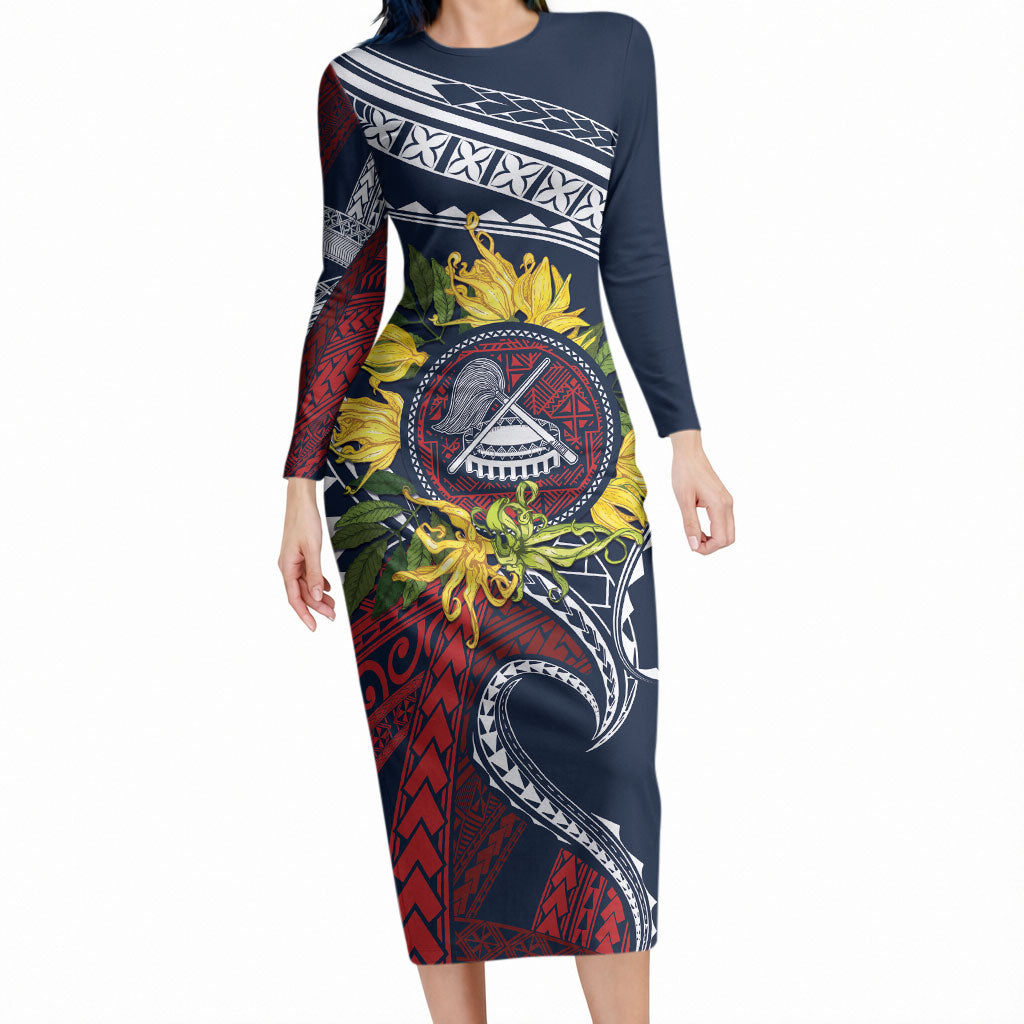 Samoa Moso'oi Flowers Tatau Long Sleeve Bodycon Dress Festive National Color LT7 Long Dress Blue Red - Polynesian Pride