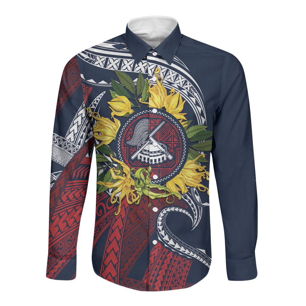 Samoa Moso'oi Flowers Tatau Long Sleeve Button Shirt Festive National Color LT7 Unisex Blue Red - Polynesian Pride