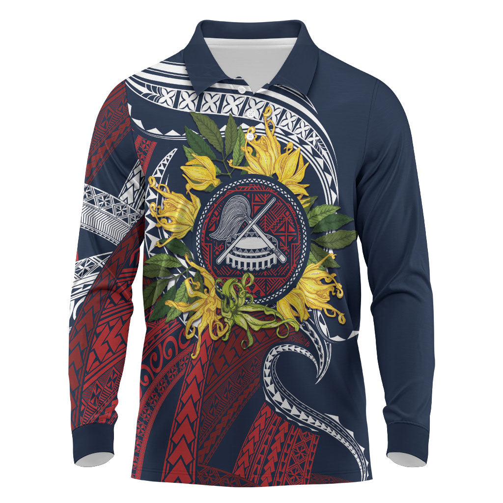 Samoa Moso'oi Flowers Tatau Long Sleeve Polo Shirt Festive National Color LT7 Blue Red - Polynesian Pride