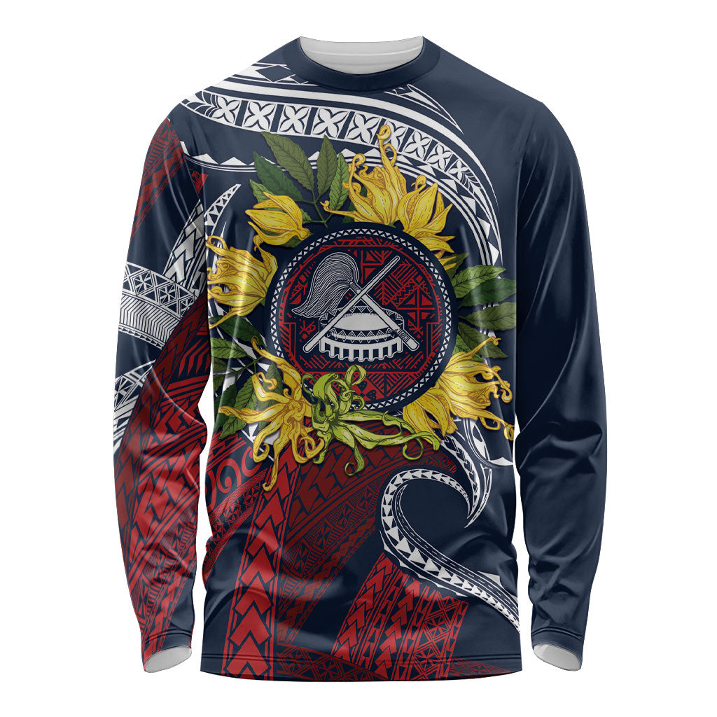 Samoa Moso'oi Flowers Tatau Long Sleeve Shirt Festive National Color LT7 Unisex Blue Red - Polynesian Pride