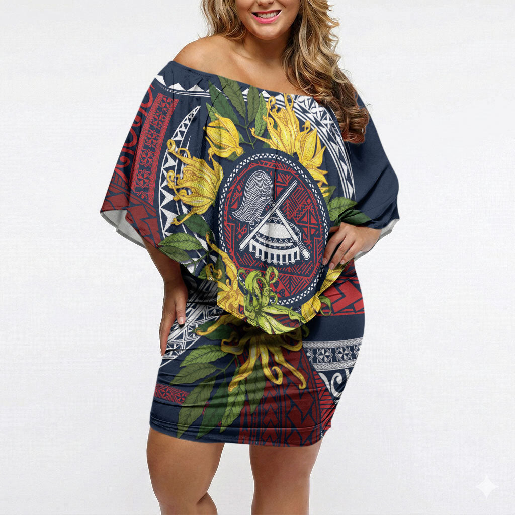 Samoa Moso'oi Flowers Tatau Off Shoulder Short Dress Festive National Color LT7 Women Blue Red - Polynesian Pride