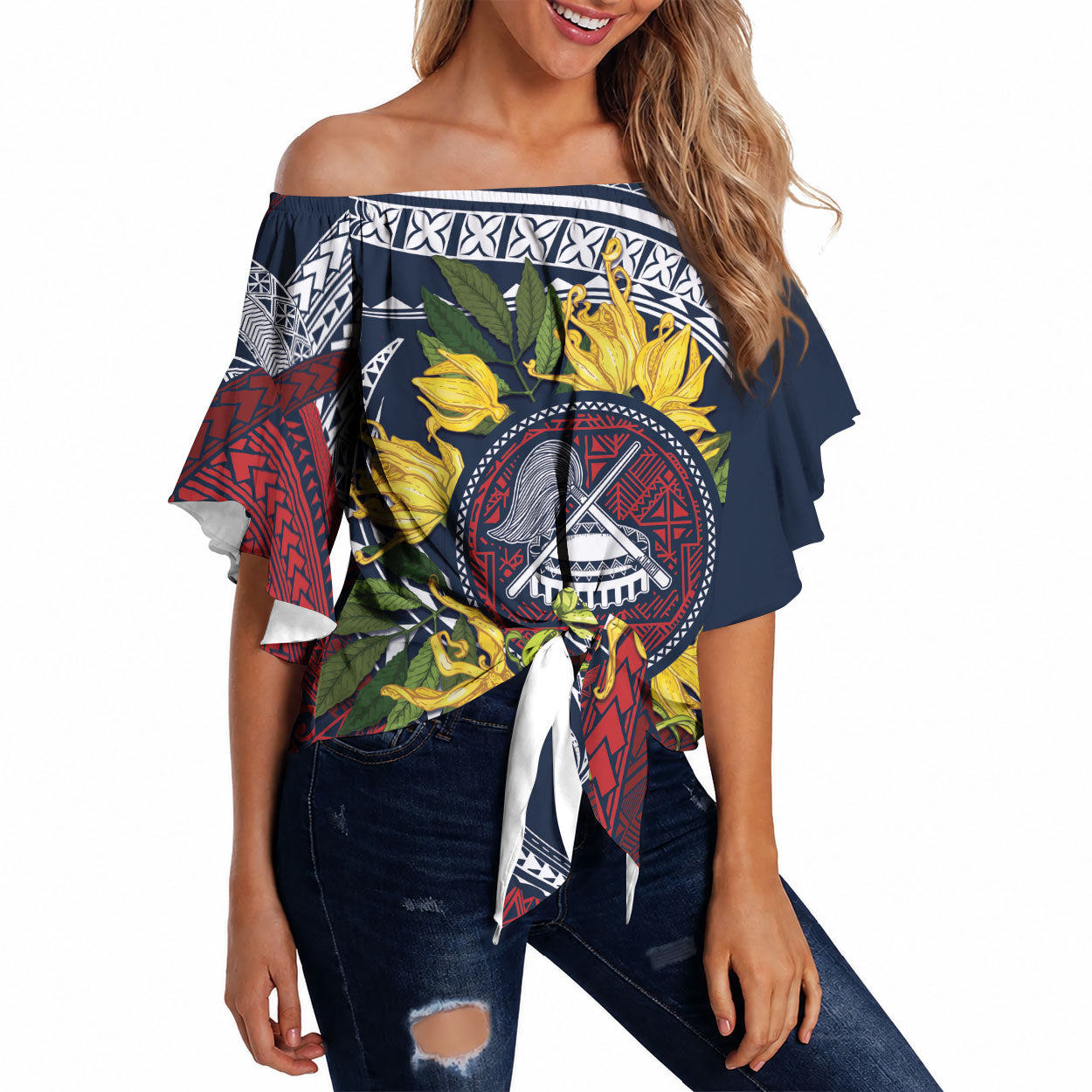 Samoa Moso'oi Flowers Tatau Off Shoulder Wrap Waist Top Festive National Color LT7 Blue Red - Polynesian Pride
