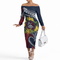 Samoa Moso'oi Flowers Tatau Off The Shoulder Long Sleeve Dress Festive National Color LT7 Women Blue Red - Polynesian Pride