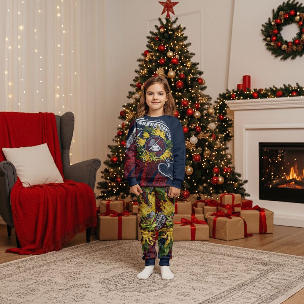 Samoa Moso'oi Flowers Tatau Christmas Pajama Set Festive National Color LT7 Kid Blue Red - Polynesian Pride