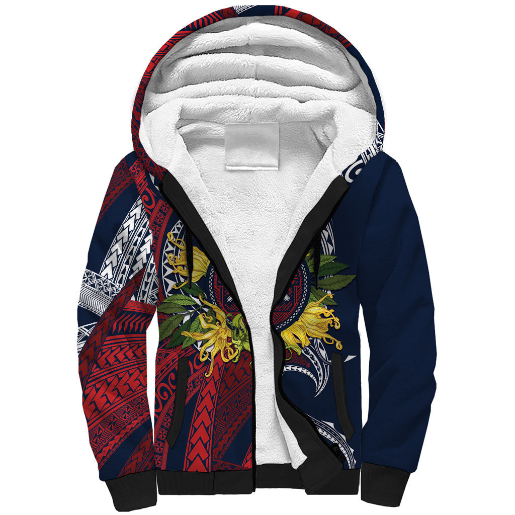 Samoa Moso'oi Flowers Tatau Sherpa Hoodie Festive National Color LT7 Unisex Blue Red - Polynesian Pride
