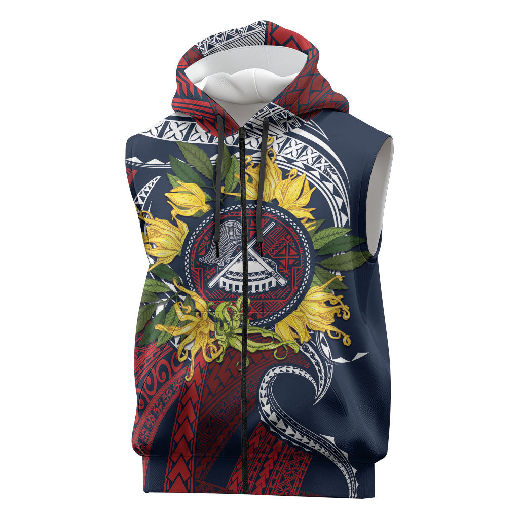Samoa Moso'oi Flowers Tatau Sleeveless Zip Hoodie Festive National Color LT7 Blue Red - Polynesian Pride