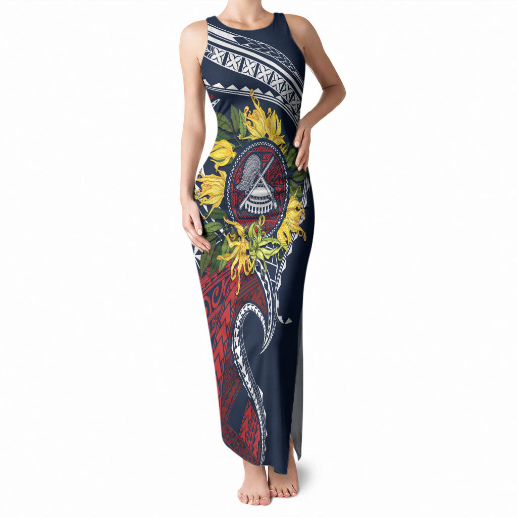 Samoa Moso'oi Flowers Tatau Tank Maxi Dress Festive National Color LT7 Women Blue Red - Polynesian Pride