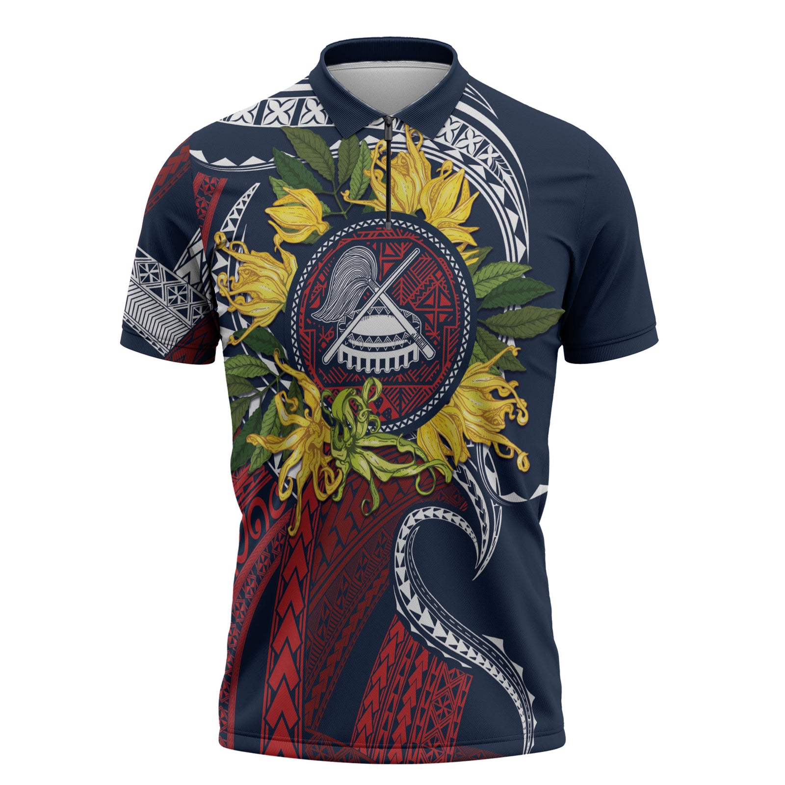 Samoa Moso'oi Flowers Tatau Zipper Polo Shirt Festive National Color LT7 Blue Red - Polynesian Pride