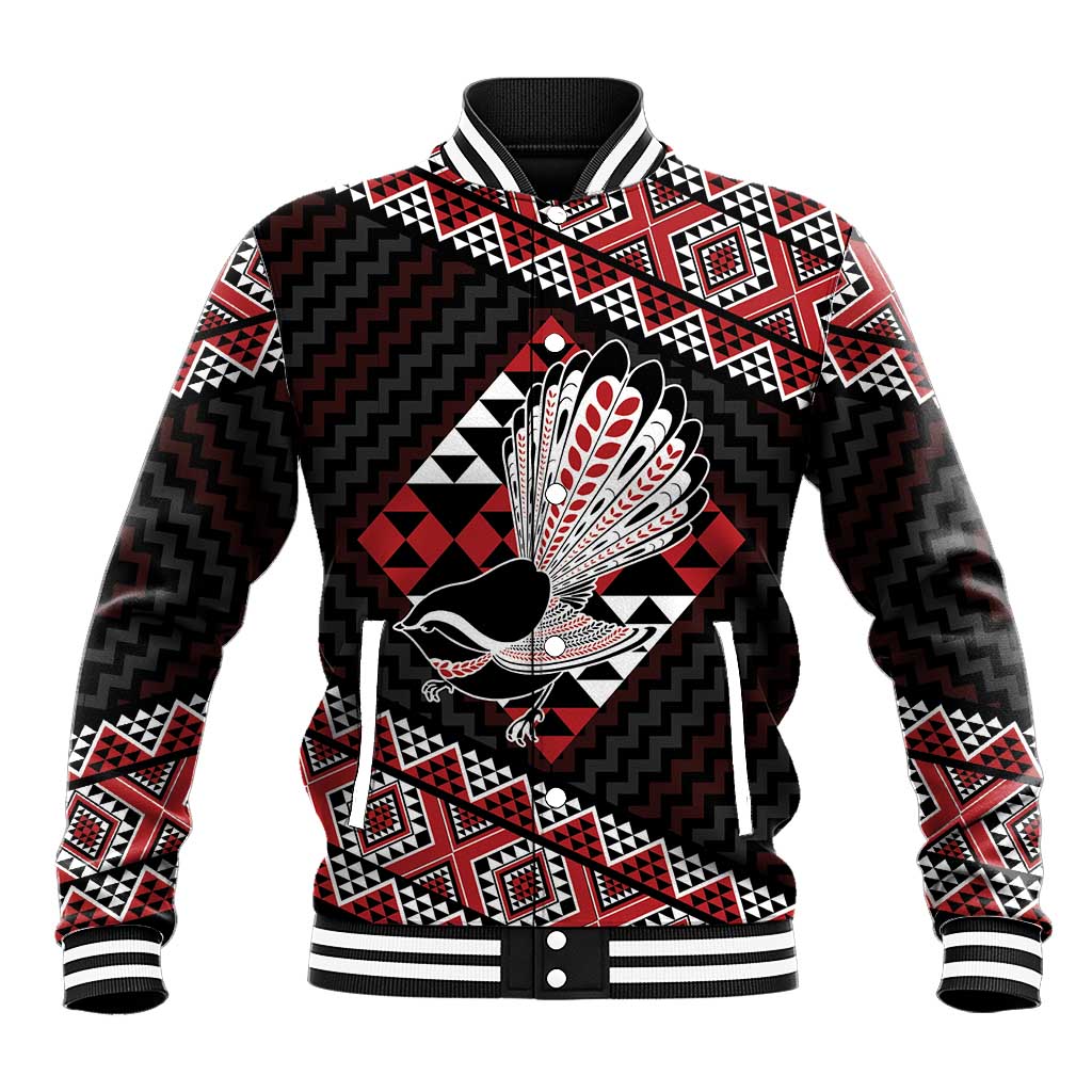 Taniko Aotearoa Baseball Jacket Poutama Mix Piwakawaka LT7 Unisex Red - Polynesian Pride